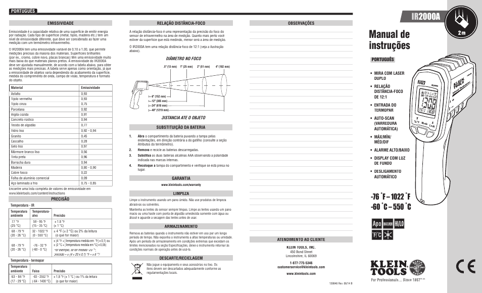 Manual de instruções, Ir 2000a | Klein Tools IR2000A User Manual | Page 5 / 12