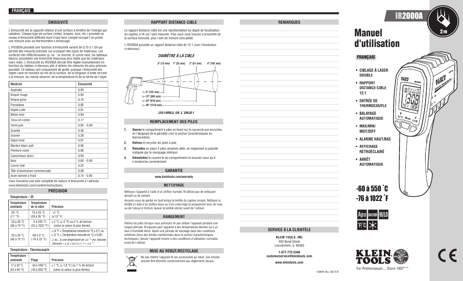 Manuel d'utilisation, Ir 2000a | Klein Tools IR2000A User Manual | Page 7 / 12