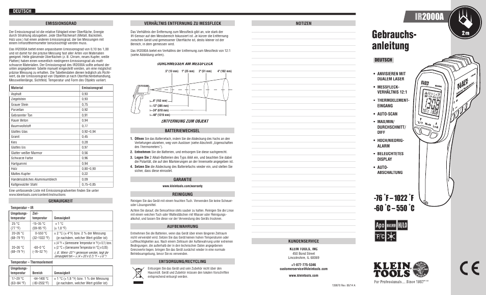 Gebrauchs- anleitung, Ir 2000a | Klein Tools IR2000A User Manual | Page 9 / 12