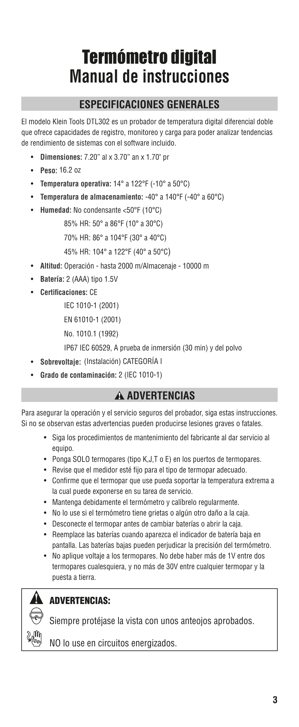 Termómetro digital manual de instrucciones, Especificaciones generales, Advertencias | Klein Tools DTL302 User Manual | Page 15 / 36