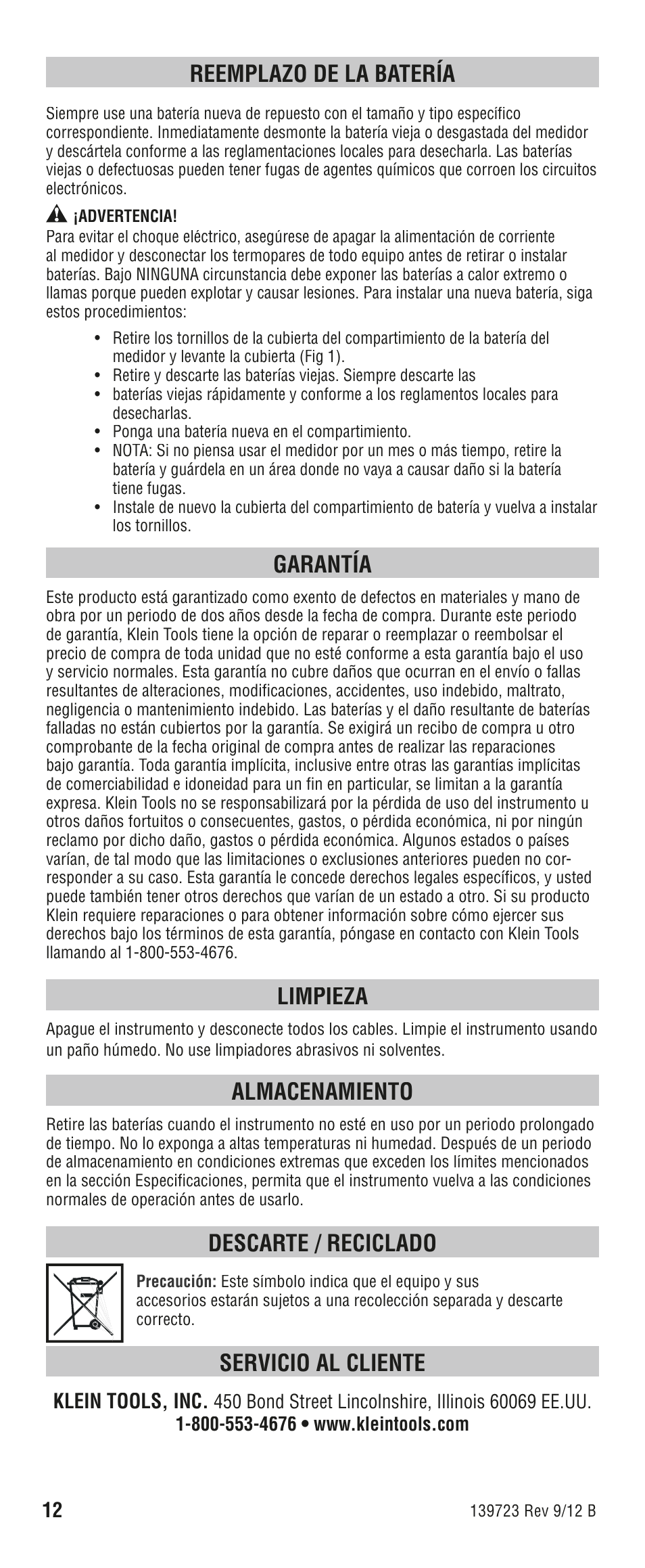 Reemplazo de la batería, Garantía, Limpieza | Almacenamiento, Descarte / reciclado, Servicio al cliente, Klein tools, inc | Klein Tools DTL302 User Manual | Page 24 / 36