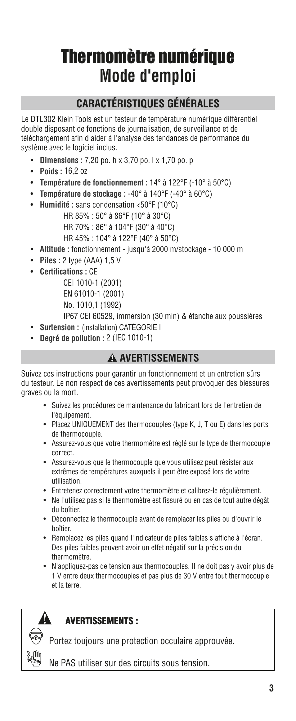 Thermomètre numérique mode d'emploi, Caractéristiques générales, Avertissements | Klein Tools DTL302 User Manual | Page 27 / 36