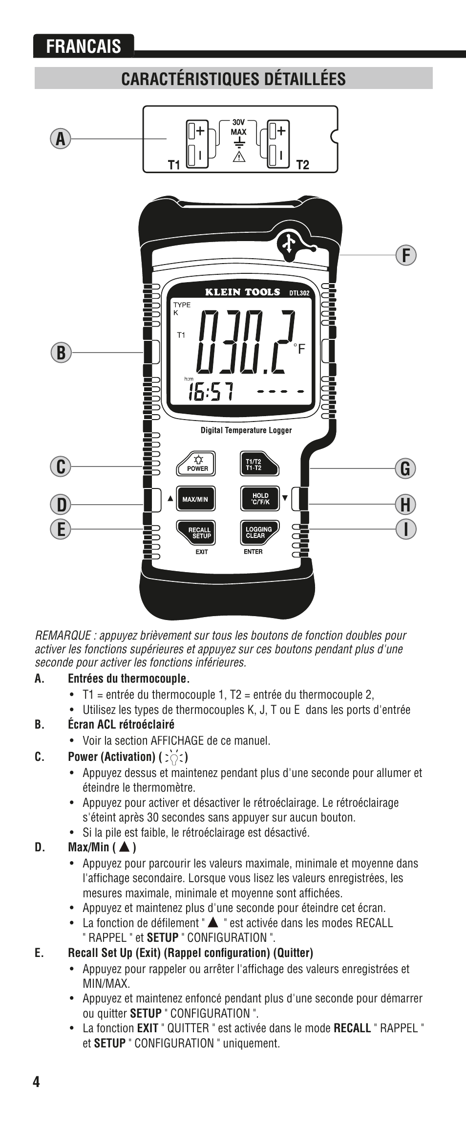 Francais, Caractéristiques détaillées | Klein Tools DTL302 User Manual | Page 28 / 36