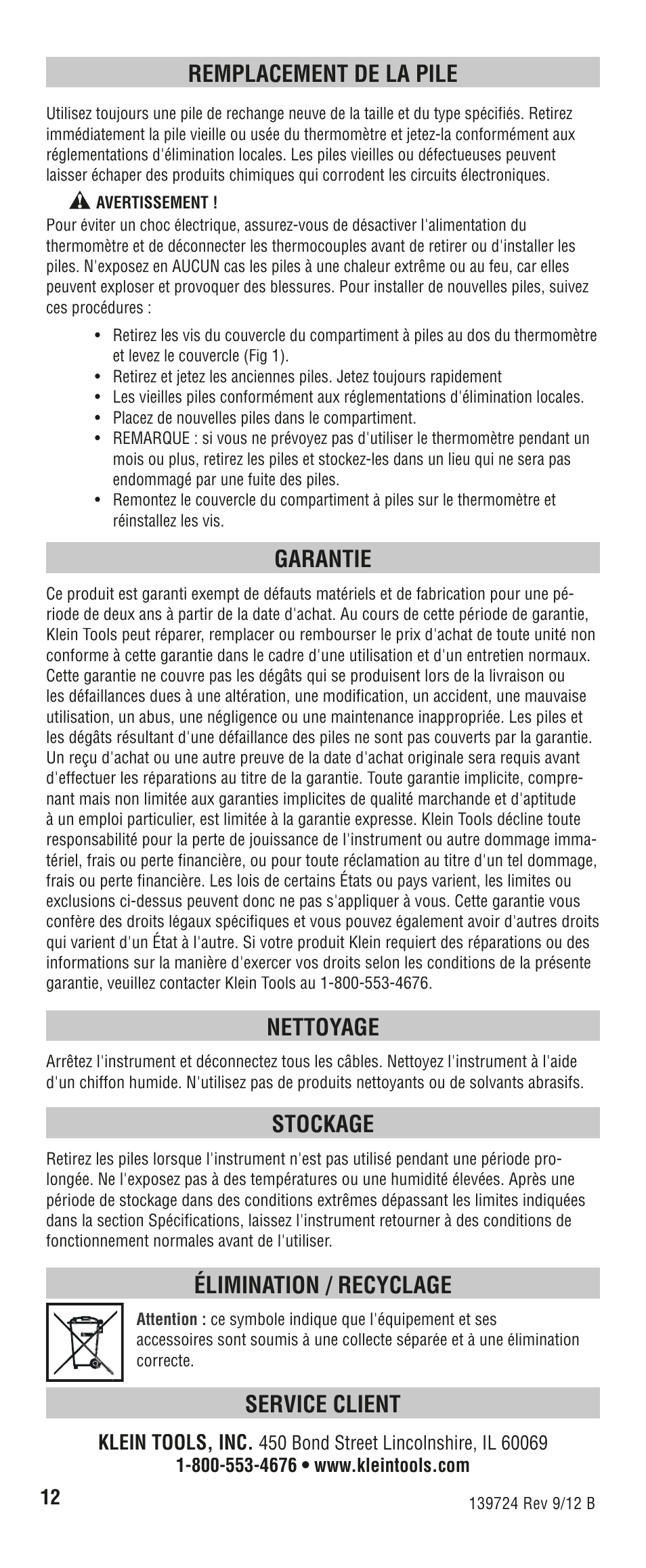 Remplacement de la pile, Garantie, Nettoyage | Stockage, Élimination / recyclage, Service client | Klein Tools DTL302 User Manual | Page 36 / 36