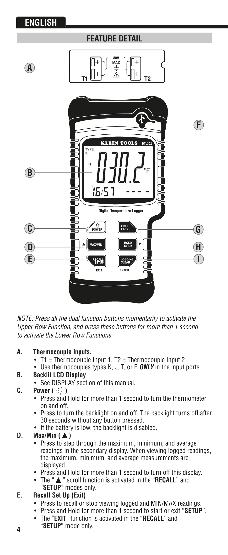 English | Klein Tools DTL302 User Manual | Page 4 / 36