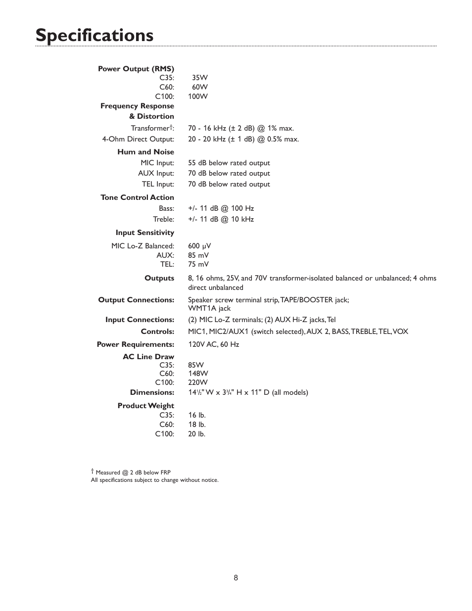 Specifications | Bogen C35 User Manual | Page 10 / 12