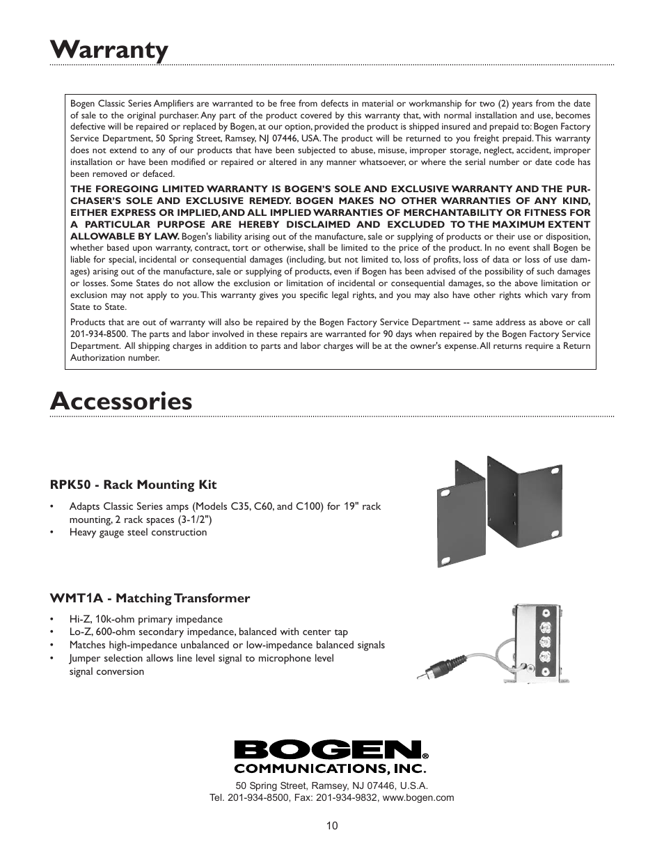 Accessories, Warranty | Bogen C35 User Manual | Page 12 / 12