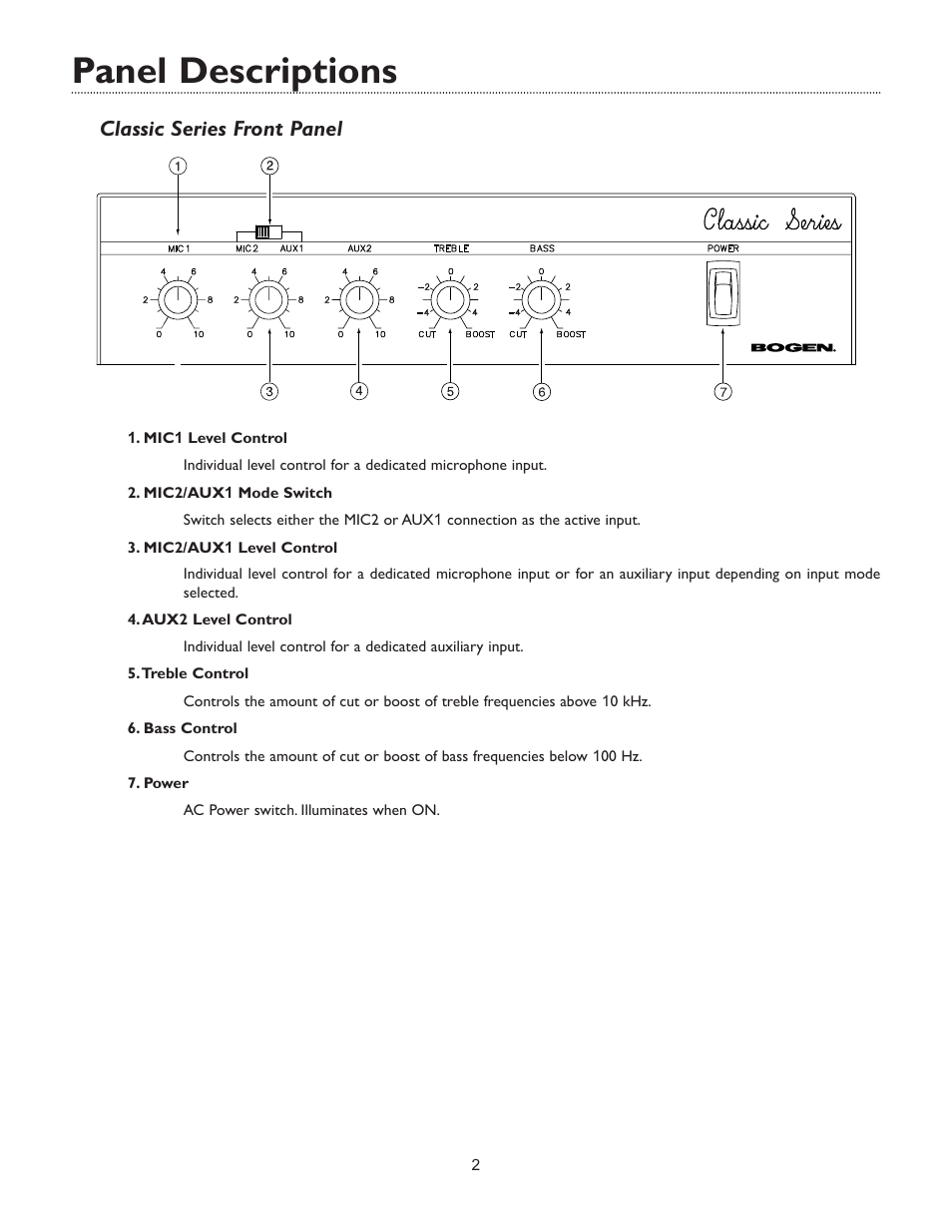 Panel descriptions, Classic series front panel | Bogen C35 User Manual | Page 4 / 12