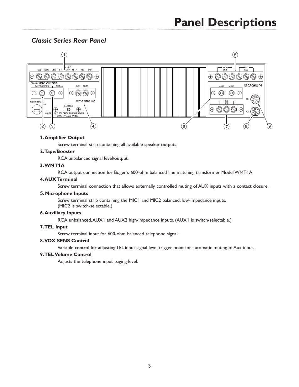 Panel descriptions, Classic series rear panel | Bogen C35 User Manual | Page 5 / 12