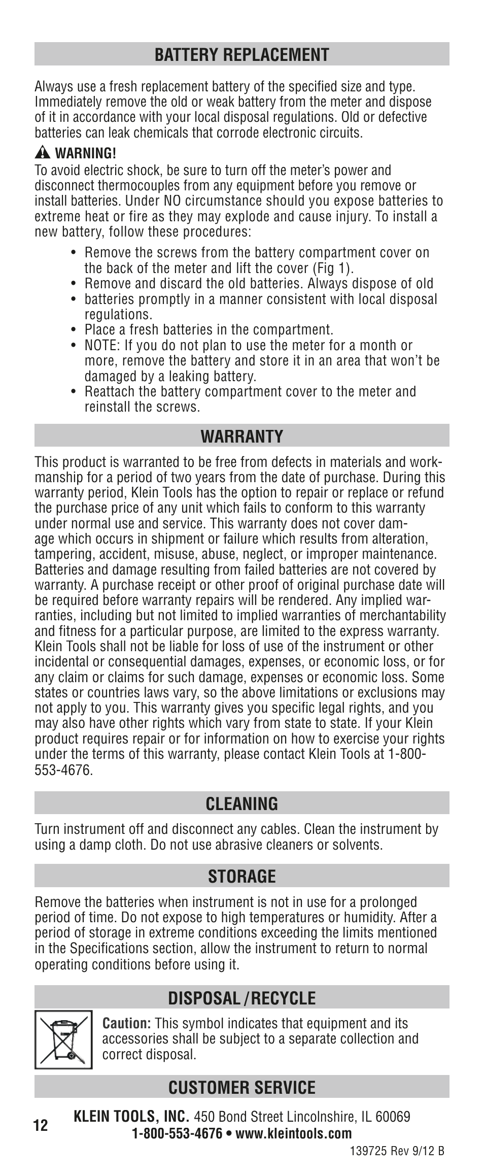 Battery replacement, Warranty, Cleaning | Storage, Disposal / recycle, Customer service | Klein Tools DTL304 User Manual | Page 12 / 36