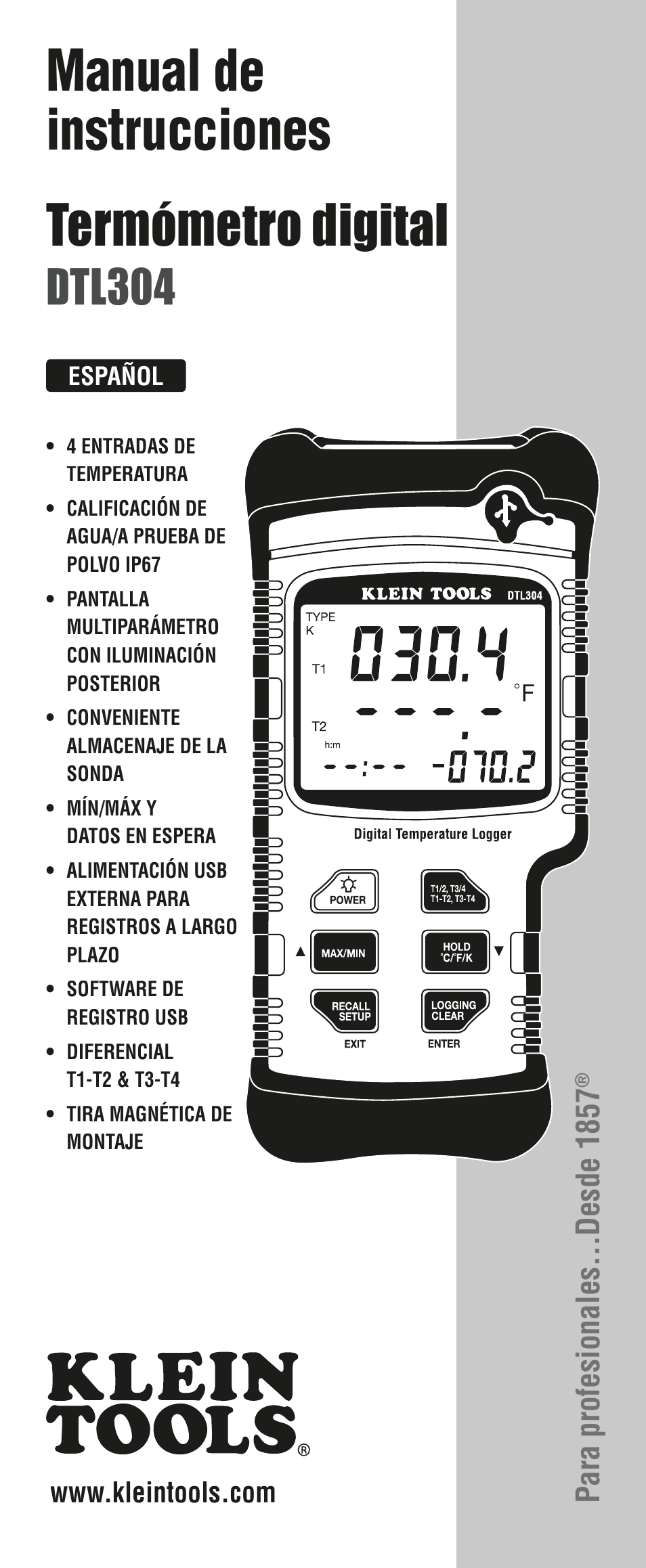 Manual de instrucciones, Termómetro digital, Dtl304 | Para profesionales...desde 1857 | Klein Tools DTL304 User Manual | Page 13 / 36