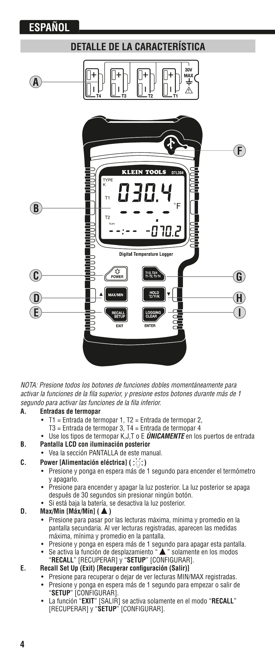 Español, Detalle de la característica | Klein Tools DTL304 User Manual | Page 16 / 36