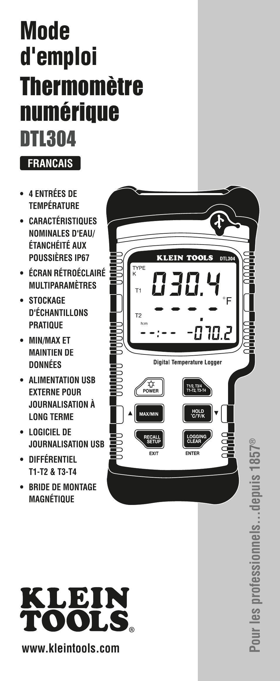 Mode d'emploi, Thermomètre numérique, Dtl304 | Pour les professionnels...depuis 1857 | Klein Tools DTL304 User Manual | Page 25 / 36