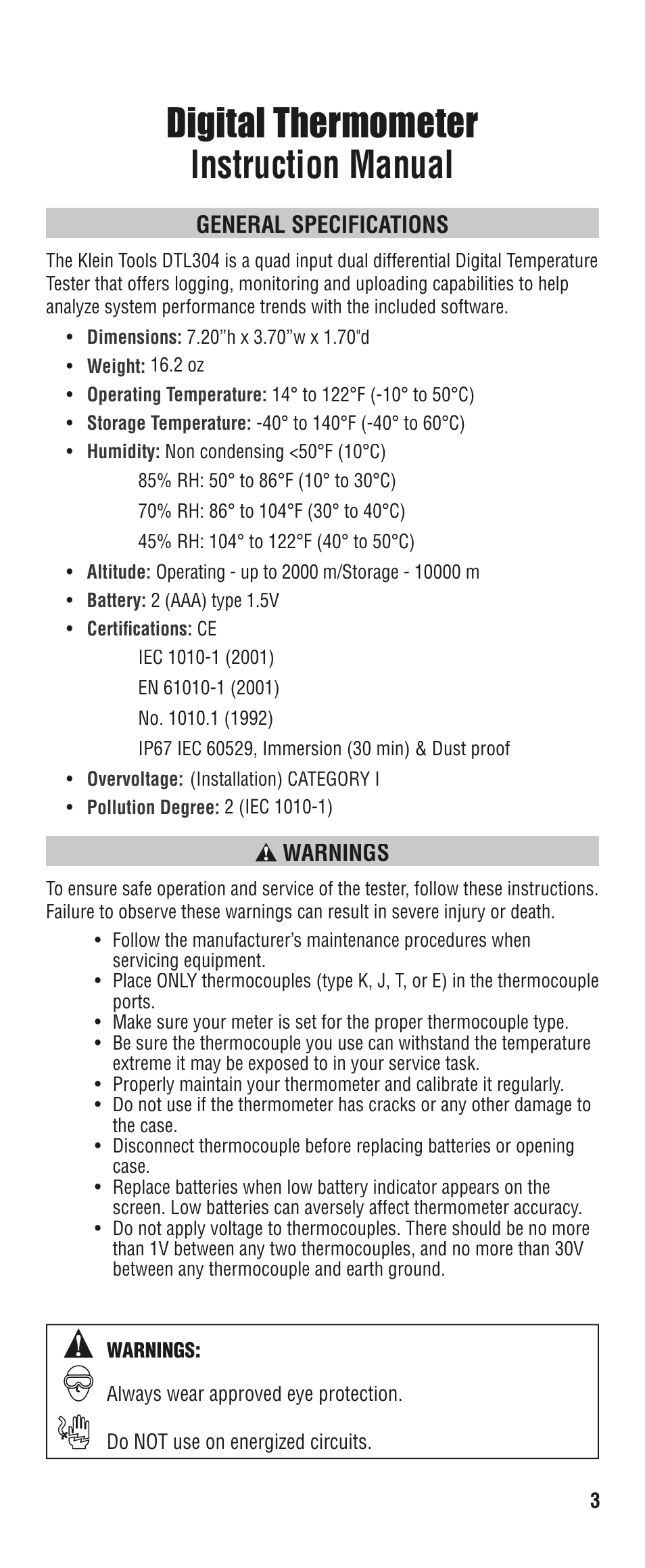 Digital thermometer instruction manual, General specifications, Warnings | Klein Tools DTL304 User Manual | Page 3 / 36