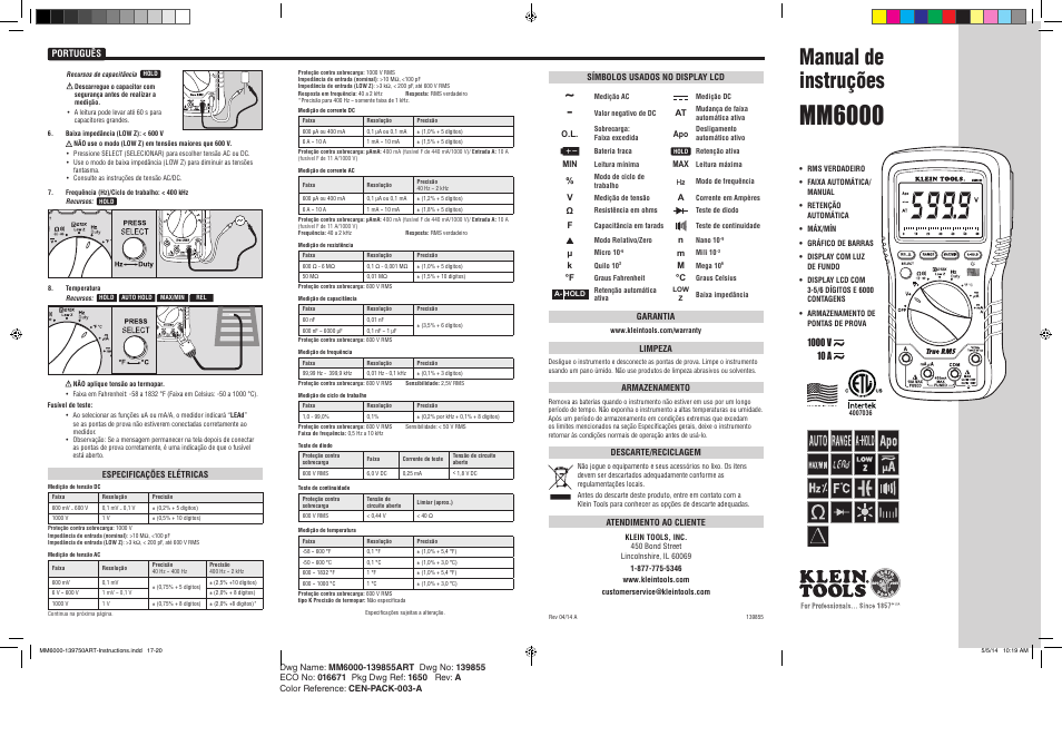 Português, Mm6000, Manual de instruções | Klein Tools MM6000/6000N User Manual | Page 5 / 8