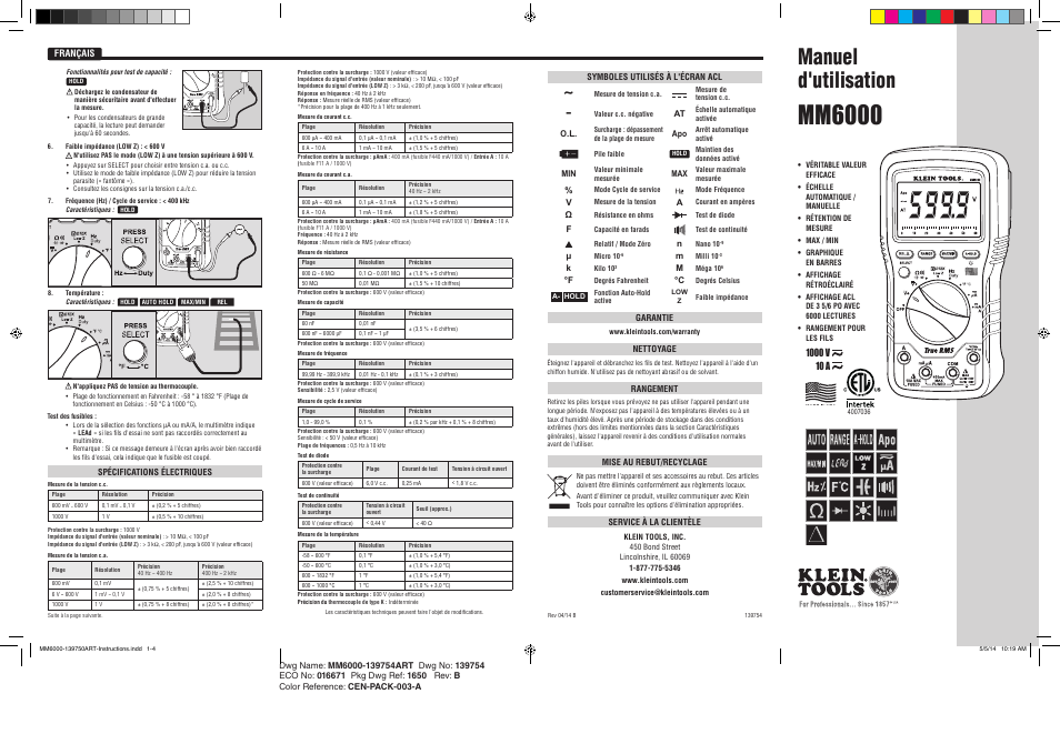 Français, Mm6000, Manuel d'utilisation | Klein Tools MM6000/6000N User Manual | Page 7 / 8