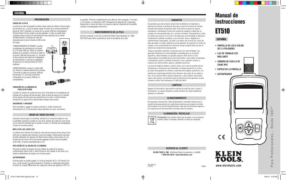 Et510-139731art, Et510, Manual de instrucciones | Para profesionales… desde 1857 | Klein Tools ET510 User Manual | Page 3 / 6