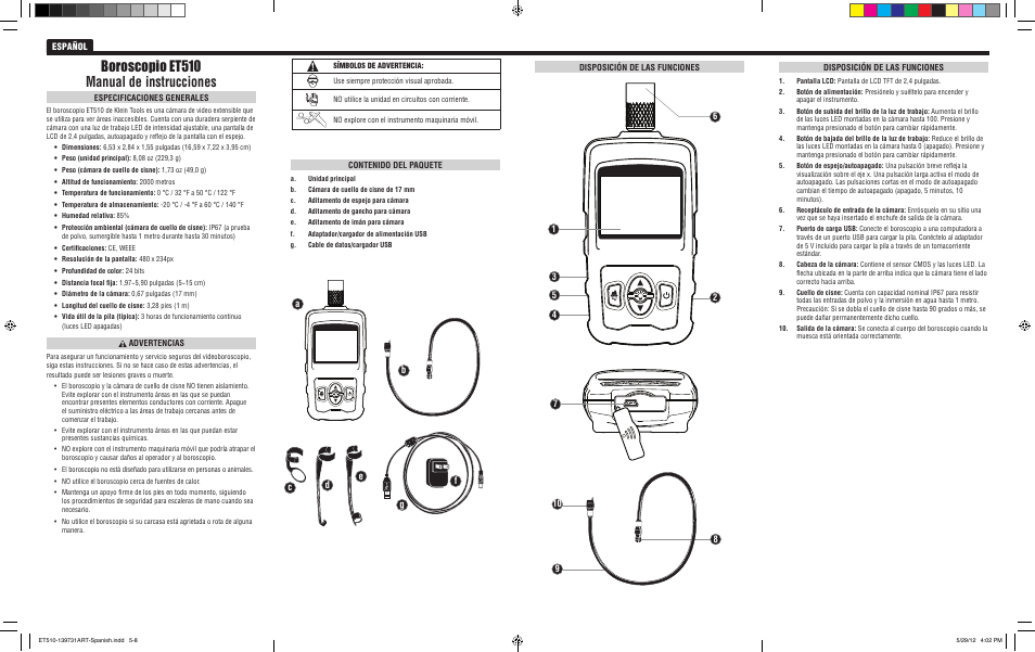 Boroscopio et510 manual de instrucciones | Klein Tools ET510 User Manual | Page 4 / 6