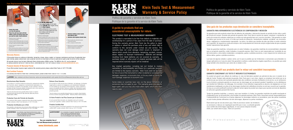 Política de garantía y servicio de klein tools, Electronic test & measurement warranty | Klein Tools MM6000/6000N User Manual | Page 2 / 2