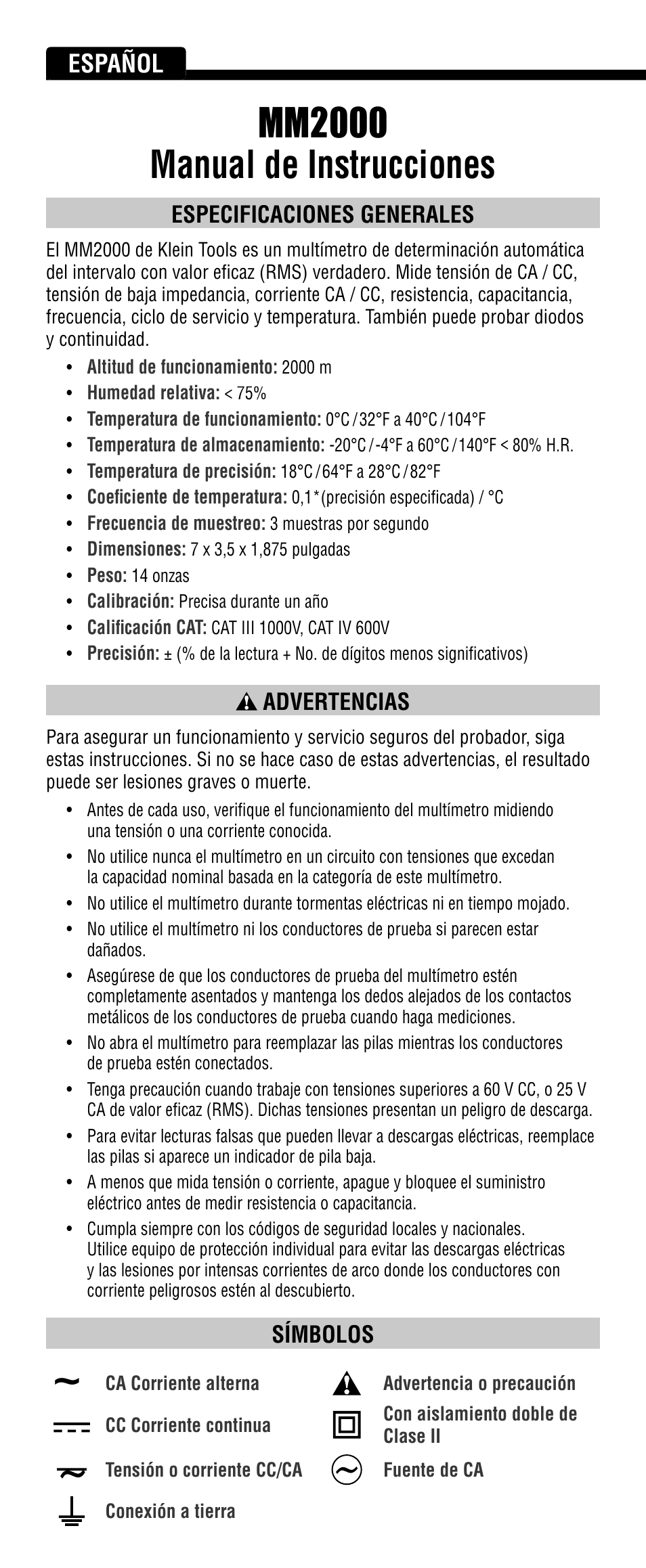 Mm2000 manual de instrucciones, Español, Especificaciones generales | Advertencias, Símbolos | Klein Tools MM2000 User Manual | Page 10 / 24