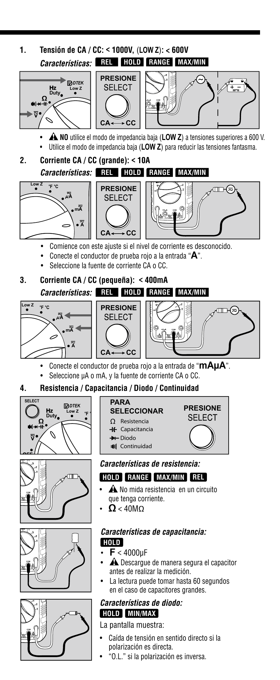 Maµa, Low z, Corriente ca / cc (grande): < 10a características | Resistencia / capacitancia / diodo / continuidad, 4000µf, Características de capacitancia, Características de resistencia, La pantalla muestra, Características de diodo, No utilice el modo de impedancia baja | Klein Tools MM2000 User Manual | Page 13 / 24