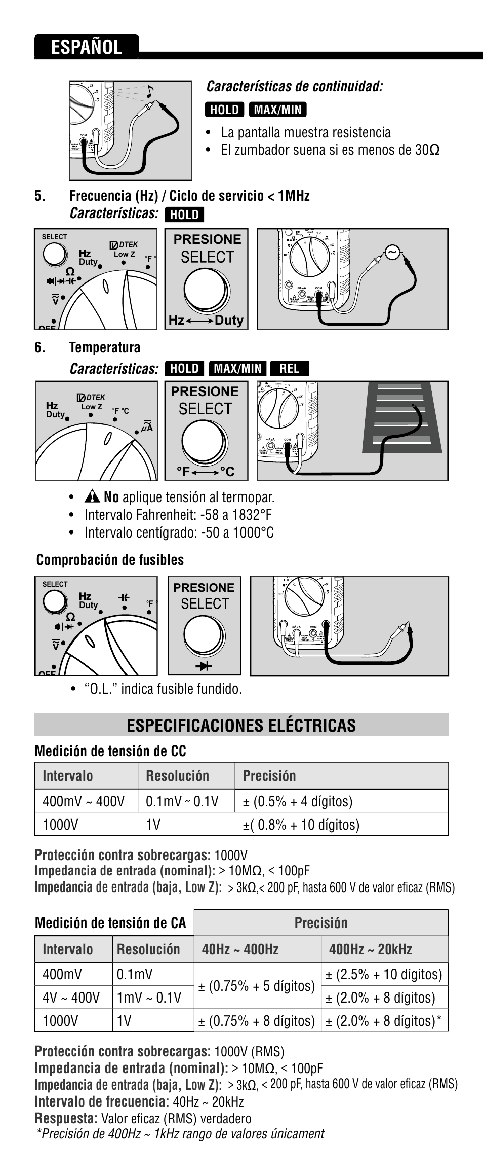 Español, Especificaciones eléctricas, Temperatura características | Características de continuidad, Impedancia de entrada (baja, low z), Impedancia de entrada (nominal), Intervalo de frecuencia, Respuesta, 1000v (rms), 40hz ~ 20khz | Klein Tools MM2000 User Manual | Page 14 / 24