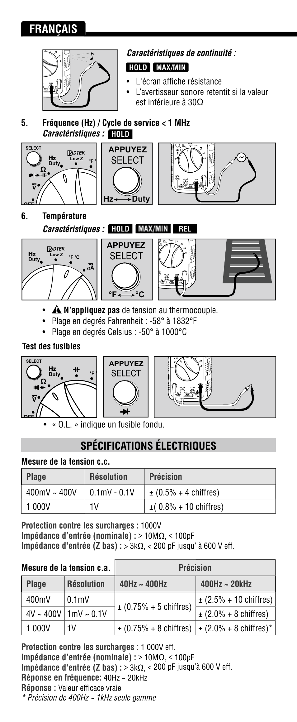 Français, Spécifications électriques, Température caractéristiques | Caractéristiques de continuité, Impédance d’entrée (nominale), Impédance d'entrée (z bas), Réponse en fréquence, Réponse, 1000v, 1 000v eff | Klein Tools MM2000 User Manual | Page 22 / 24