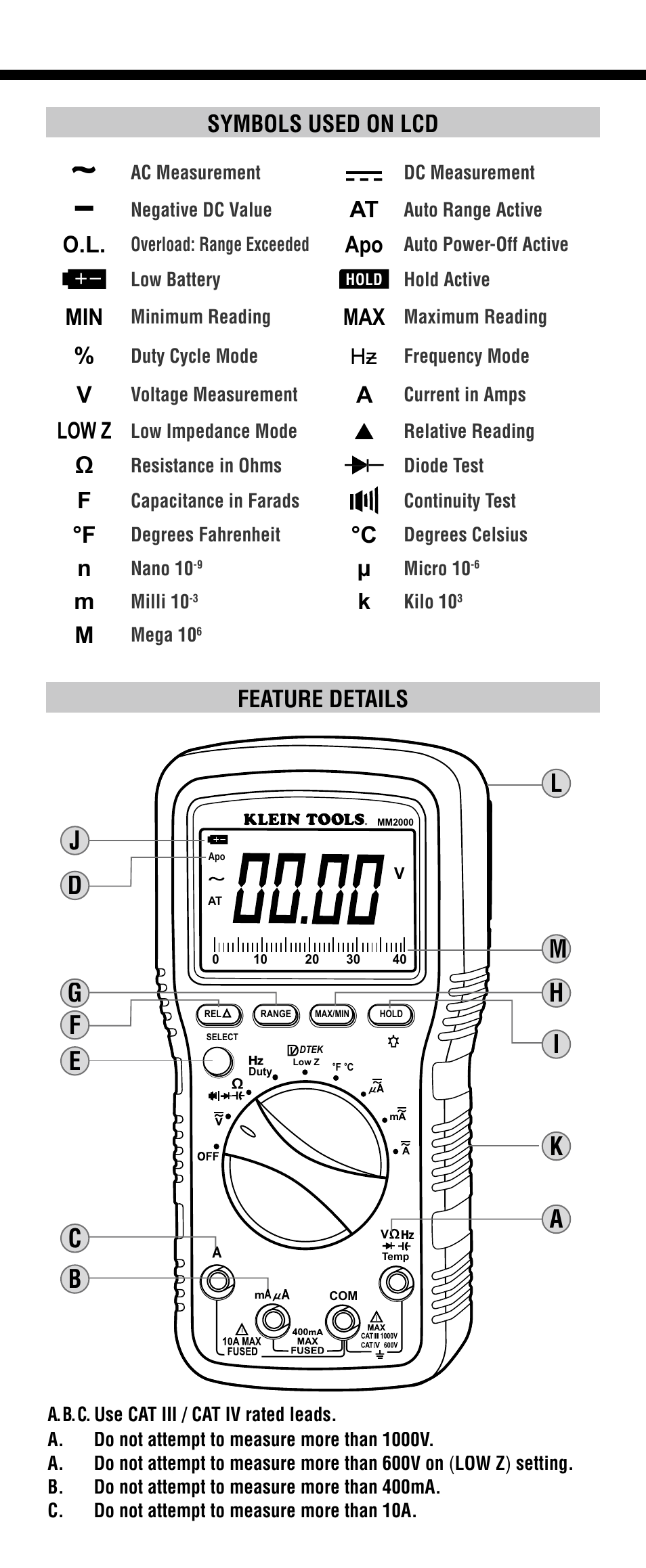 Feature details symbols used on lcd, Low z | Klein Tools MM2000 User Manual | Page 3 / 24