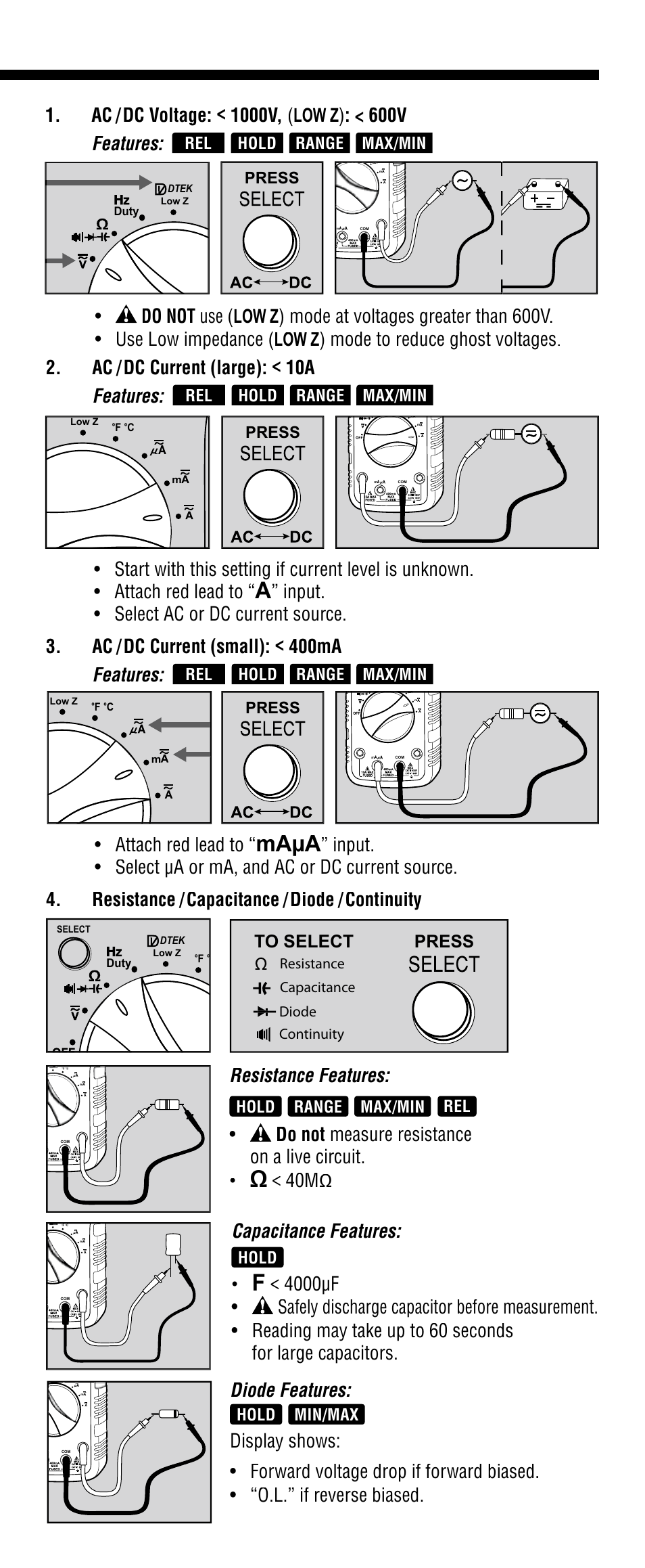 Maµa, Ac / dc current (small): < 400ma features, Attach red lead to | Do not measure resistance on a live circuit, Resistance features, Press to select, Rel hold max/min range, Hold, Hold max/min range, Hold min/max | Klein Tools MM2000 User Manual | Page 5 / 24