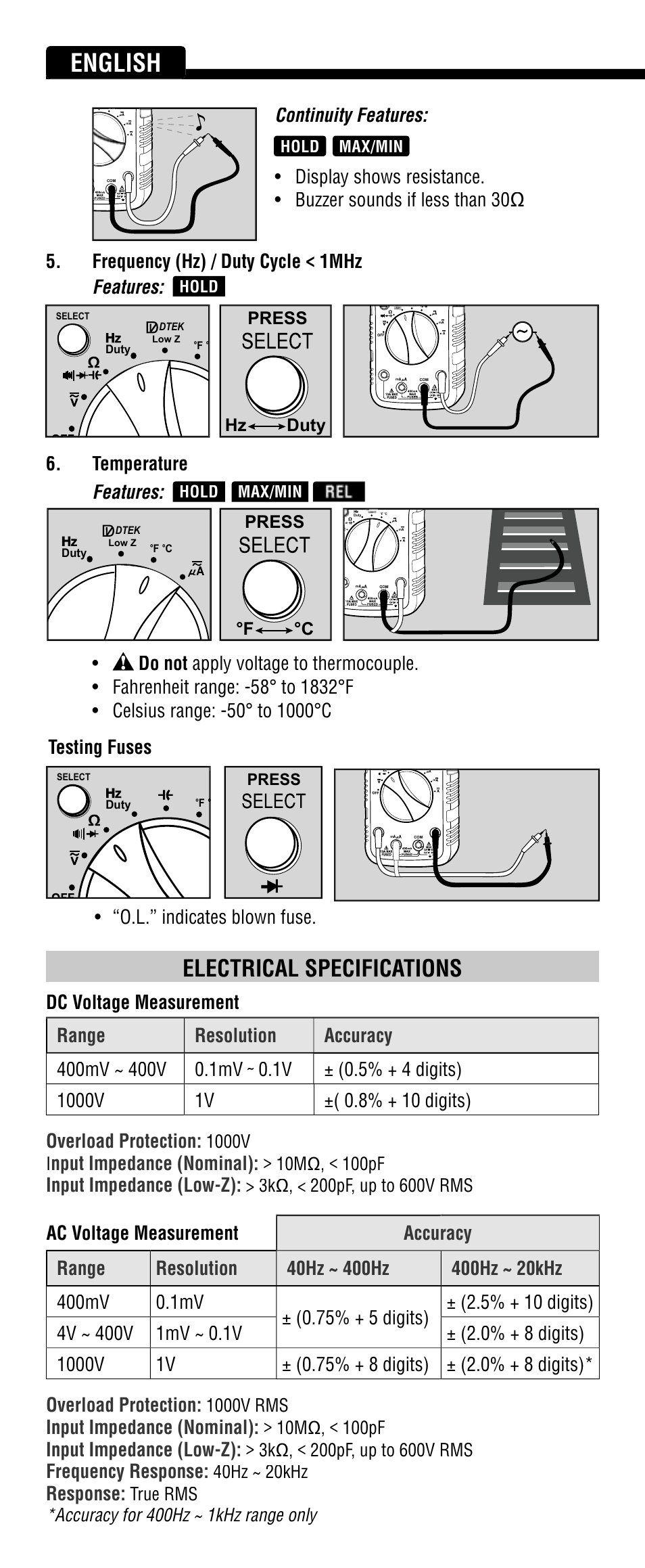 English, Electrical specifications, Frequency (hz) / duty cycle < 1mhz features | Temperature features, Continuity features, Nput impedance (nominal), Input impedance (low-z), Input impedance (nominal), Frequency response, Response | Klein Tools MM2000 User Manual | Page 6 / 24