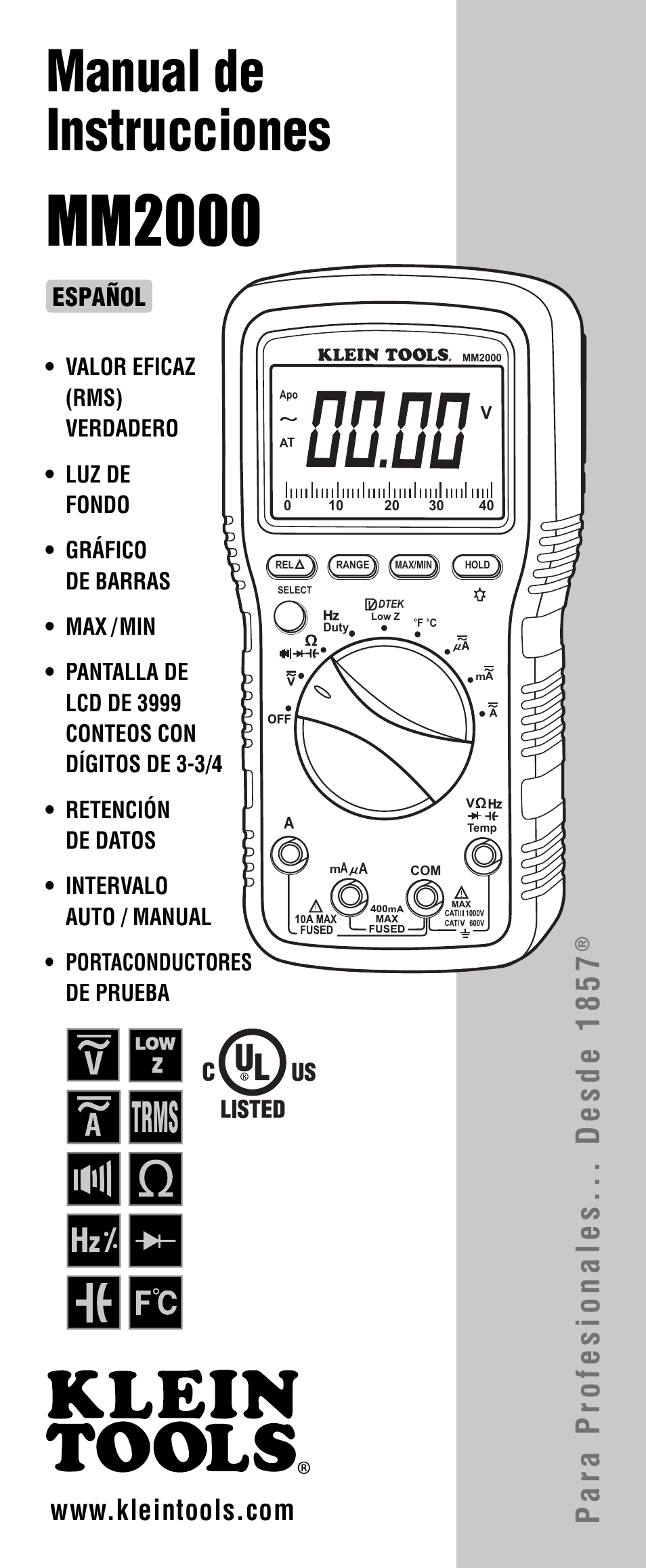 Mm2000, Manual de instrucciones, Trms | Para profesionales... desde 1857, Español | Klein Tools MM2000 User Manual | Page 9 / 24