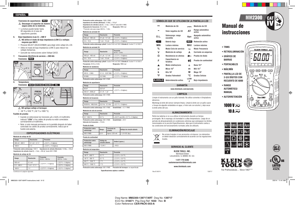 Español, Manual de instrucciones, Mm 2300 | Klein Tools MM2300 User Manual | Page 3 / 8