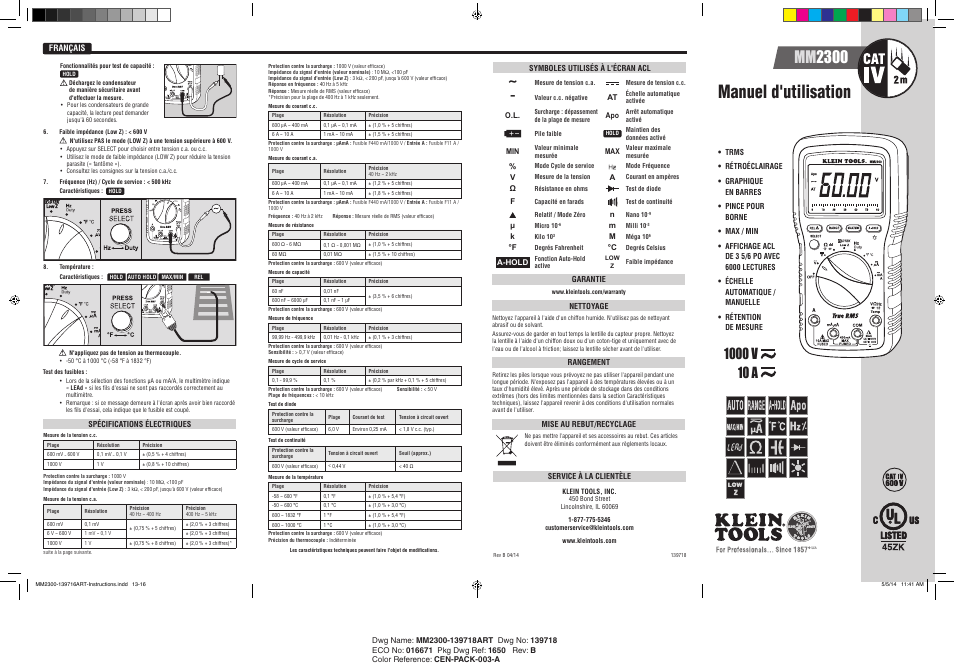 Français, Manuel d'utilisation, Mm 2300 | Klein Tools MM2300 User Manual | Page 7 / 8