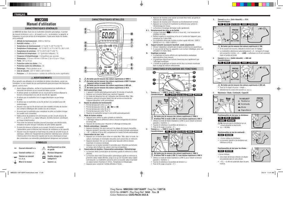 Mm2300 manuel d'utilisation | Klein Tools MM2300 User Manual | Page 8 / 8
