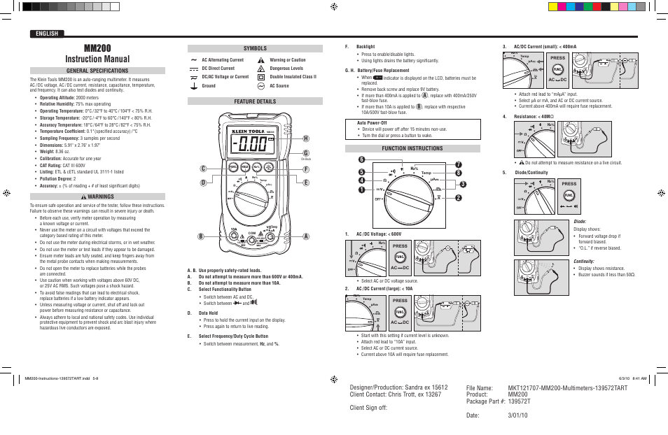 Mm200 instruction manual, English, Hf d g | Function instructions, Feature details, General specifications, Warnings, Symbols, 600v max | Klein Tools MM200 User Manual | Page 2 / 6
