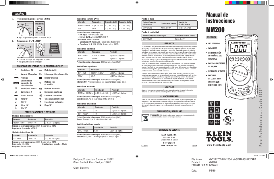 Mm200, Manual de instrucciones, Español | Klein Tools MM200 User Manual | Page 3 / 6