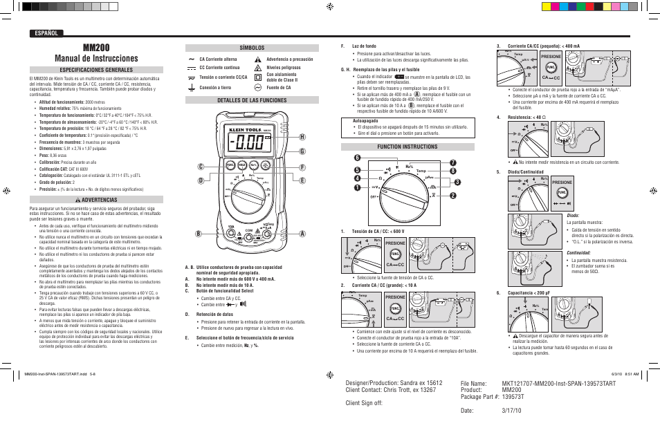 Mm200 manual de instrucciones, Español, Bc e a | Hf d g, Function instructions, Detalles de las funciones, Especificaciones generales, Advertencias, Símbolos, 600v max | Klein Tools MM200 User Manual | Page 4 / 6