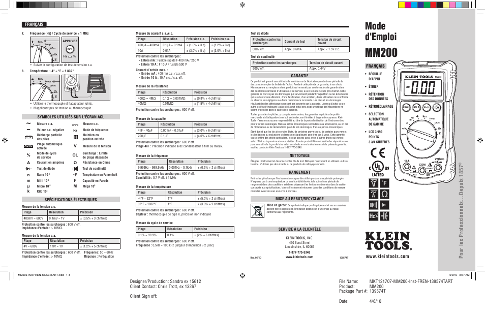 Mm200, Mode d'emploi, Français | Klein Tools MM200 User Manual | Page 5 / 6