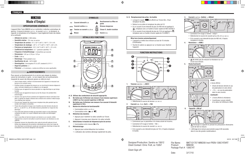 Mm200 mode d’emploi, Français, Bc e a | Hf d g, Function instructions, Détails des fonctions, Spécifications générales, Avertissements, Symboles, 600v max | Klein Tools MM200 User Manual | Page 6 / 6