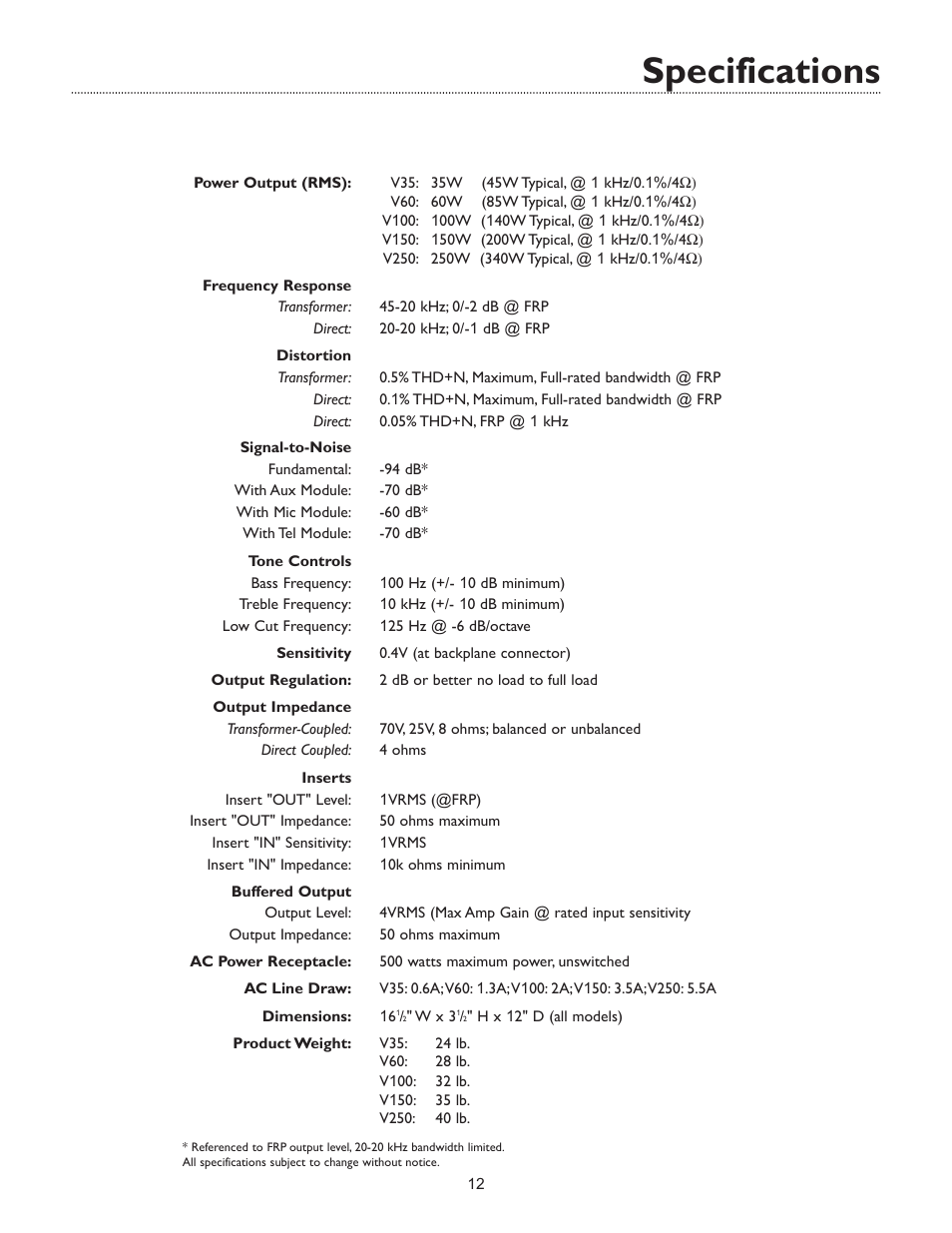 Specifications | Bogen V250 EN User Manual | Page 14 / 16
