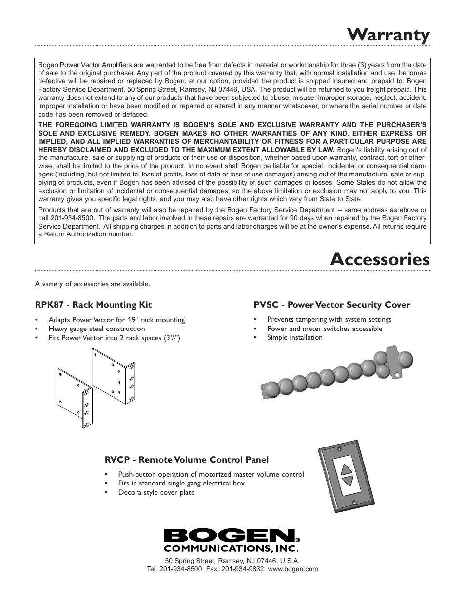 Warranty, Accessories | Bogen V250 EN User Manual | Page 16 / 16