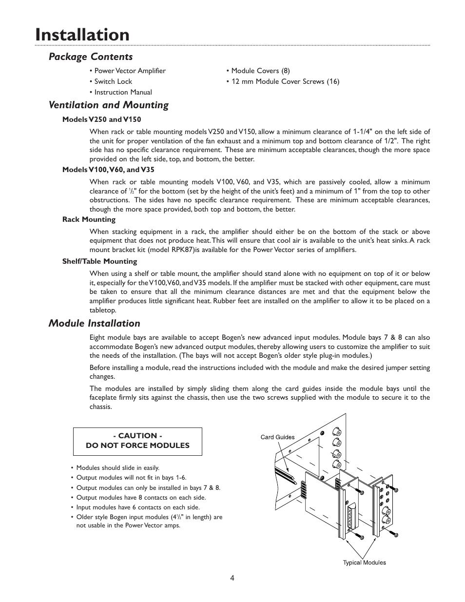 Installation, Package contents, Ventilation and mounting | Module installation | Bogen V250 EN User Manual | Page 6 / 16