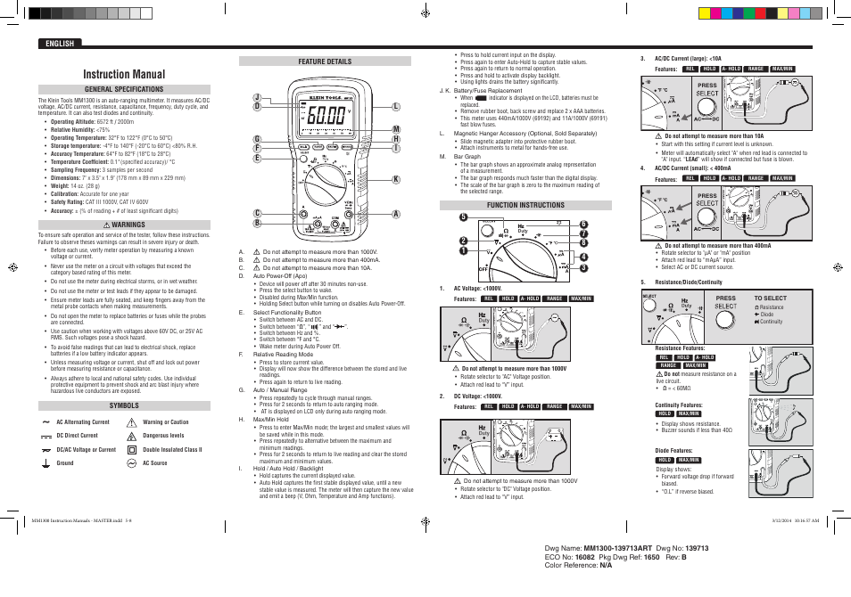 Mm1300 instruction manual | Klein Tools MM1300 User Manual | Page 2 / 8