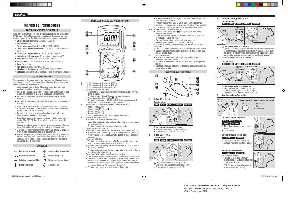 Mm1300 manual de instrucciones | Klein Tools MM1300 User Manual | Page 4 / 8