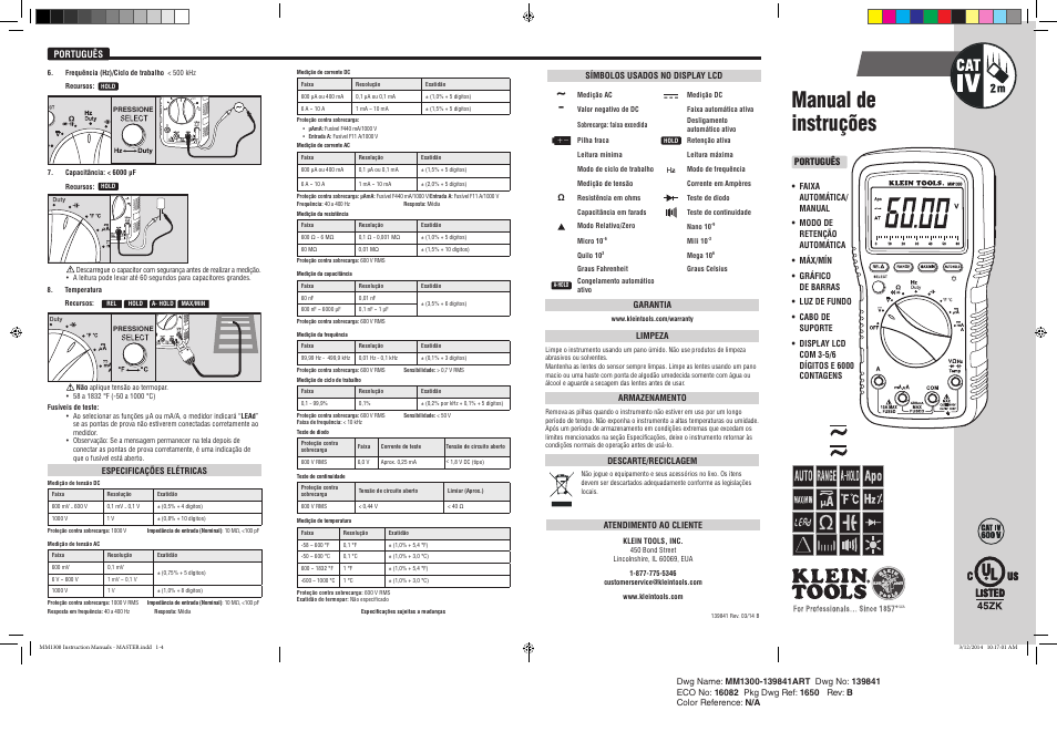 Português, Manual de instruções, Mm 1300 | Klein Tools MM1300 User Manual | Page 5 / 8