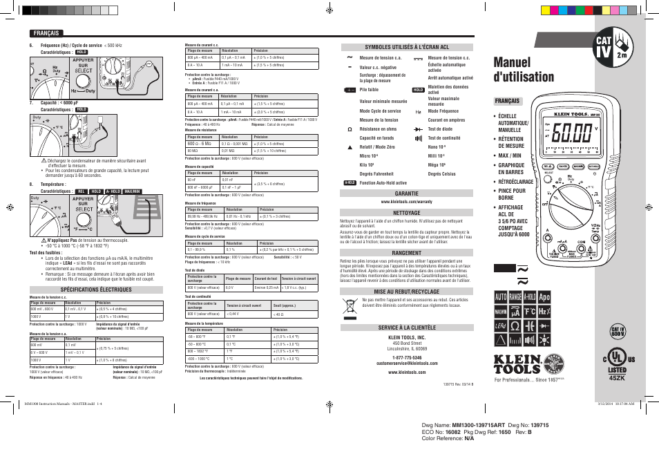 Français, Manuel d'utilisation, Mm 1300 | Klein Tools MM1300 User Manual | Page 7 / 8