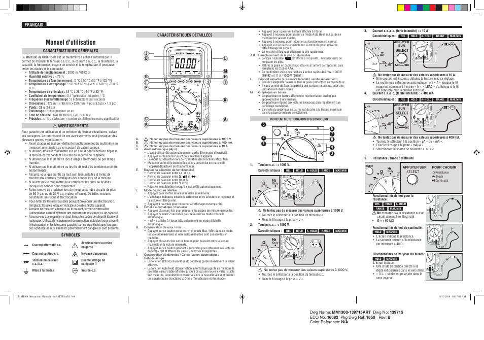 Mm1300 manuel d'utilisation | Klein Tools MM1300 User Manual | Page 8 / 8