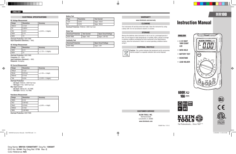 Klein Tools MM100 User Manual | 2 pages