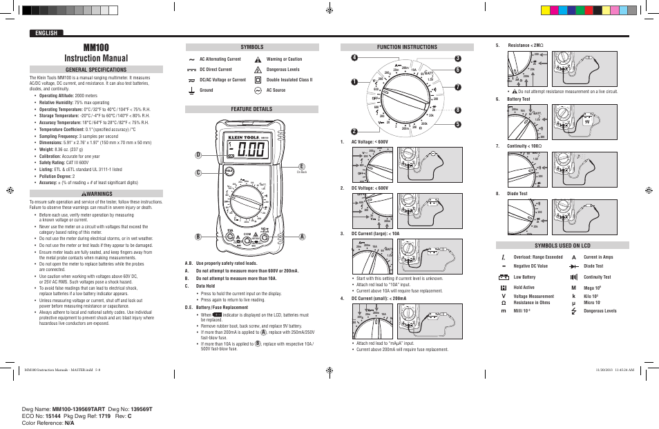 Mm100 instruction manual, English, Bc e | Function instructions, Feature details, General specifications, Warnings, Symbols used on lcd, Symbols | Klein Tools MM100 User Manual | Page 2 / 2