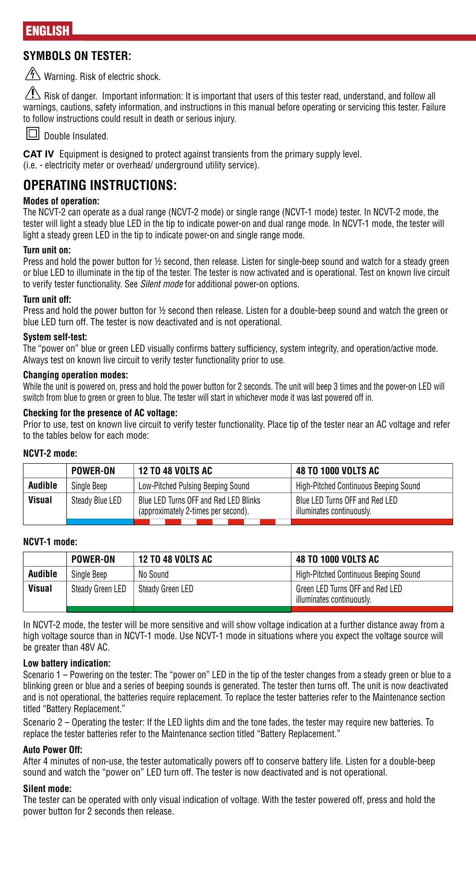 English, Operating instructions | Klein Tools NCVT-2 User Manual | Page 2 / 10